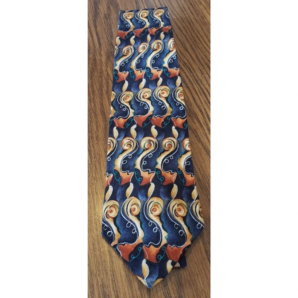 Jimmy V Abstract Blue and Gold Swirl Pattern Peggy Fleming Collection Necktie